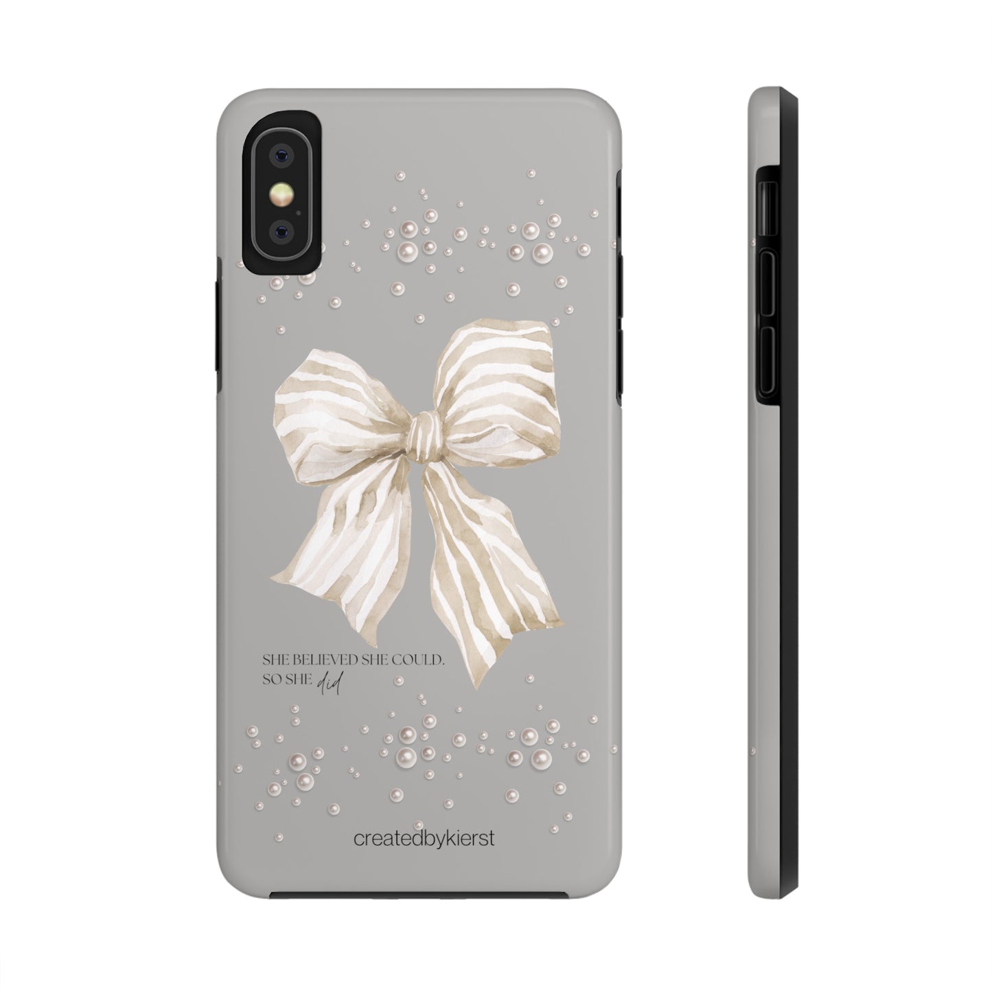 Tan and White Bow With Pearls on Grey She Believed She Could iPhone Case