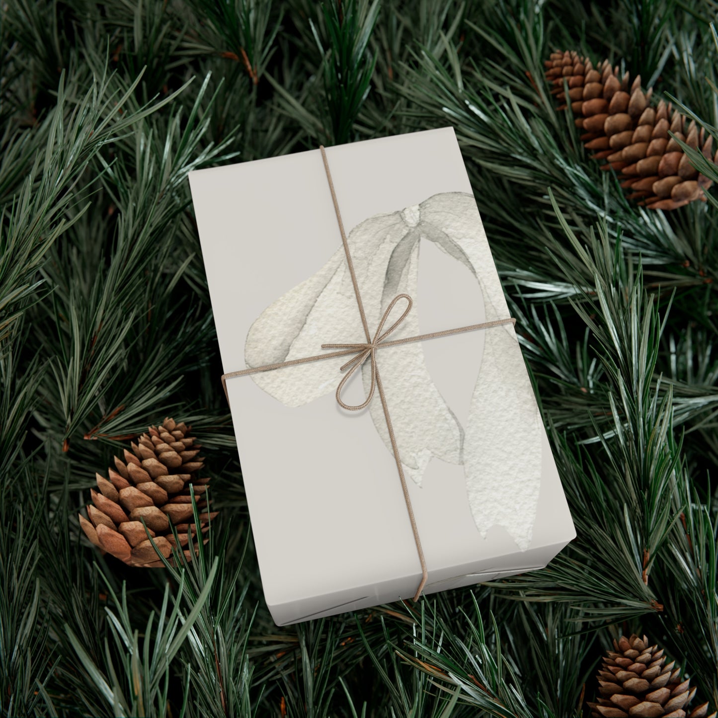 White Printed Bows on Bone Gift Wrapping Paper