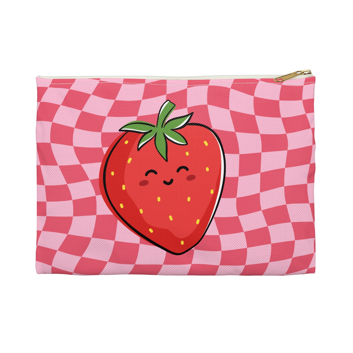 Animated Strawberry on Pink and Red Wavy Checkers Accessory Pouch