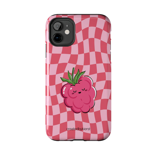 Animated Raspberry on Red and Pink Wavy Checkers iPhone Case