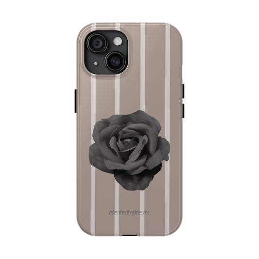 Cream and Brown Vertical Stripes with Black Rose iPhone Case