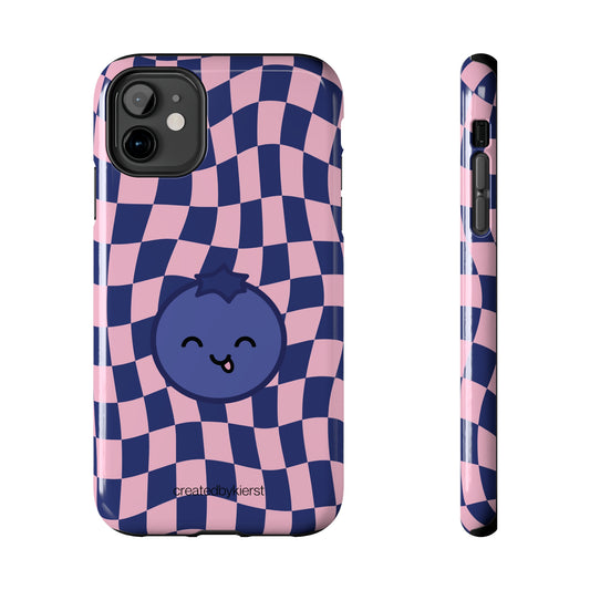 Animated Blueberry on Blue and Pink Wavy Checkers iPhone Case