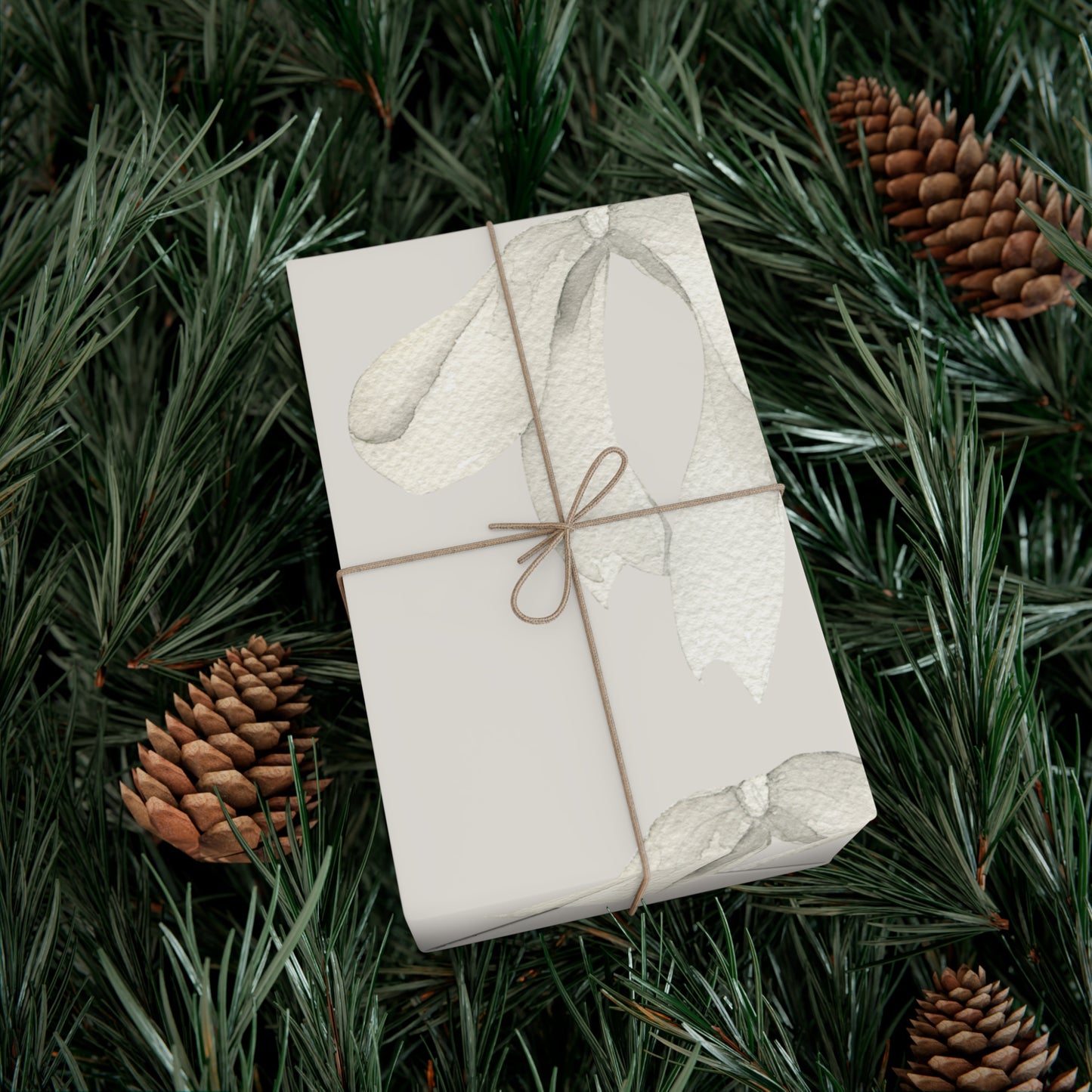 White Printed Bows on Bone Gift Wrapping Paper