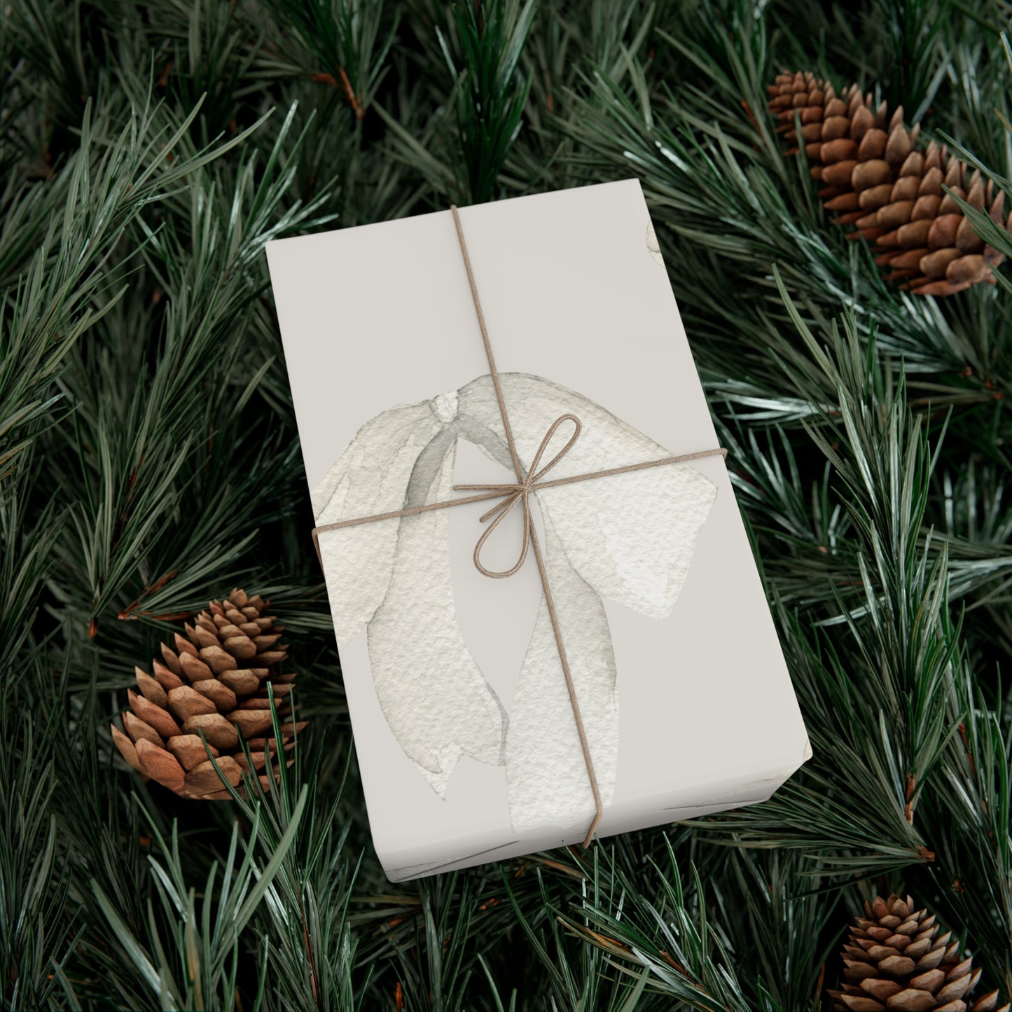 White Printed Bows on Bone Gift Wrapping Paper