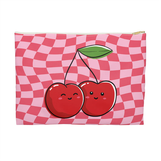 Animated Cherries on Pink and Red Wavy Checkers Accessory Pouch