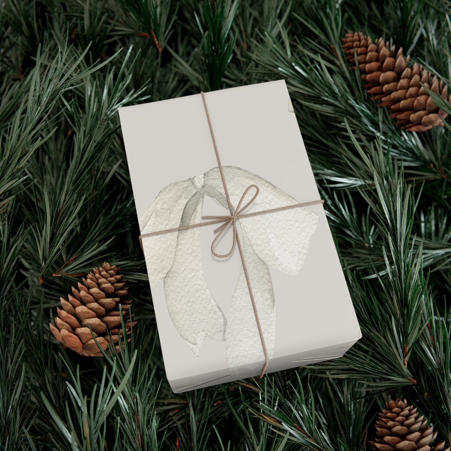 White Printed Bows on Bone Gift Wrapping Paper