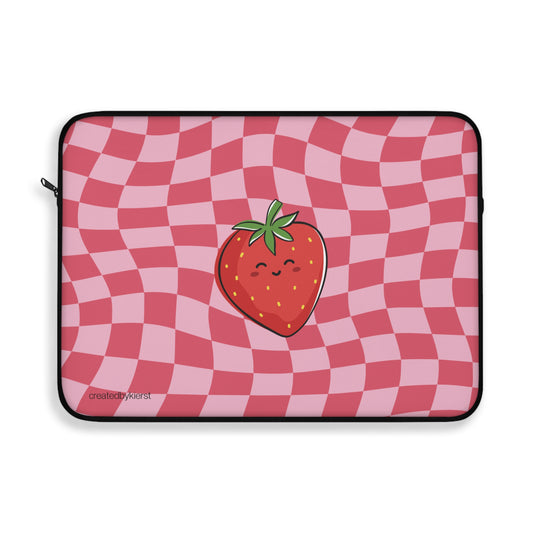 Animated Strawberry on Red and Pink Checkered Laptop Sleeve