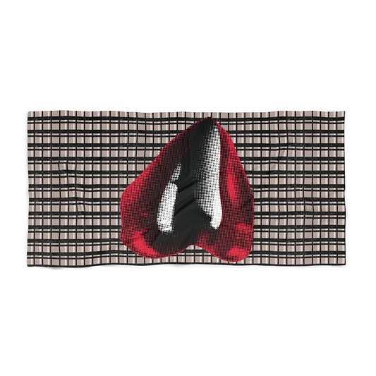 Tan, Black, and Black Glitter Plaid with Vintage Red Lips Beach Towel