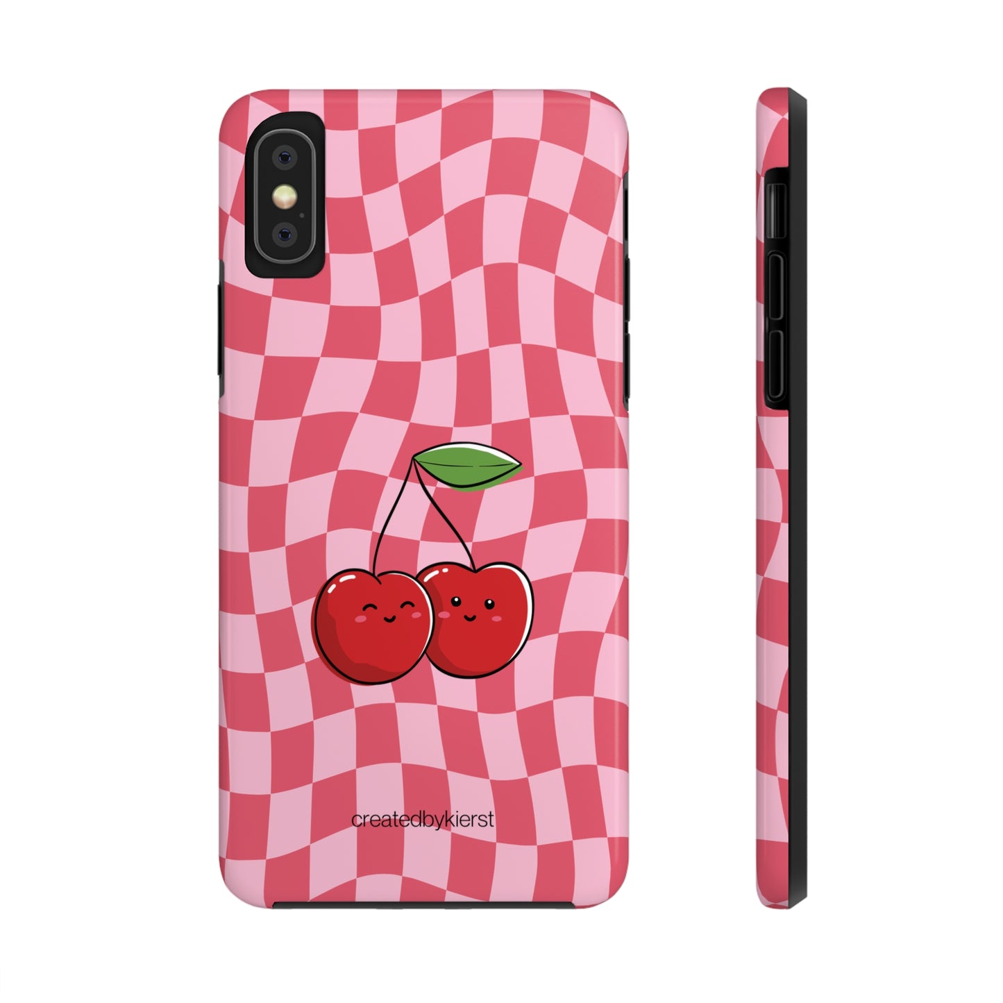 Animated Cherries and Pink Wavy Checkers iPhone Case