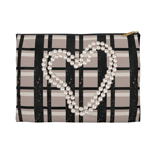 Taupe, Black, and Black Glitter Plaid with Pearl Necklace Accessory Pouch