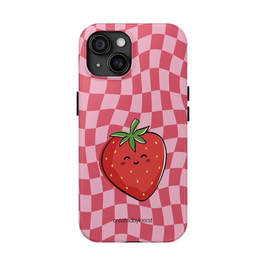 Animated Strawberry on Red and Pink Wavy Checkers iPhone Case