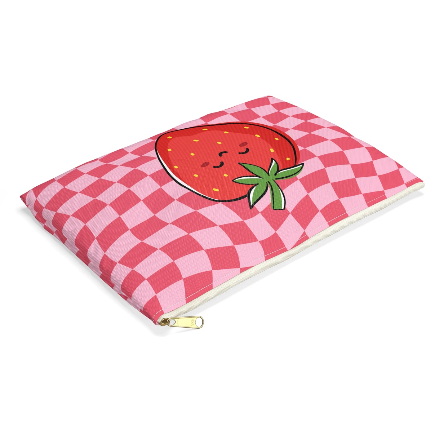 Animated Strawberry on Pink and Red Wavy Checkers Accessory Pouch