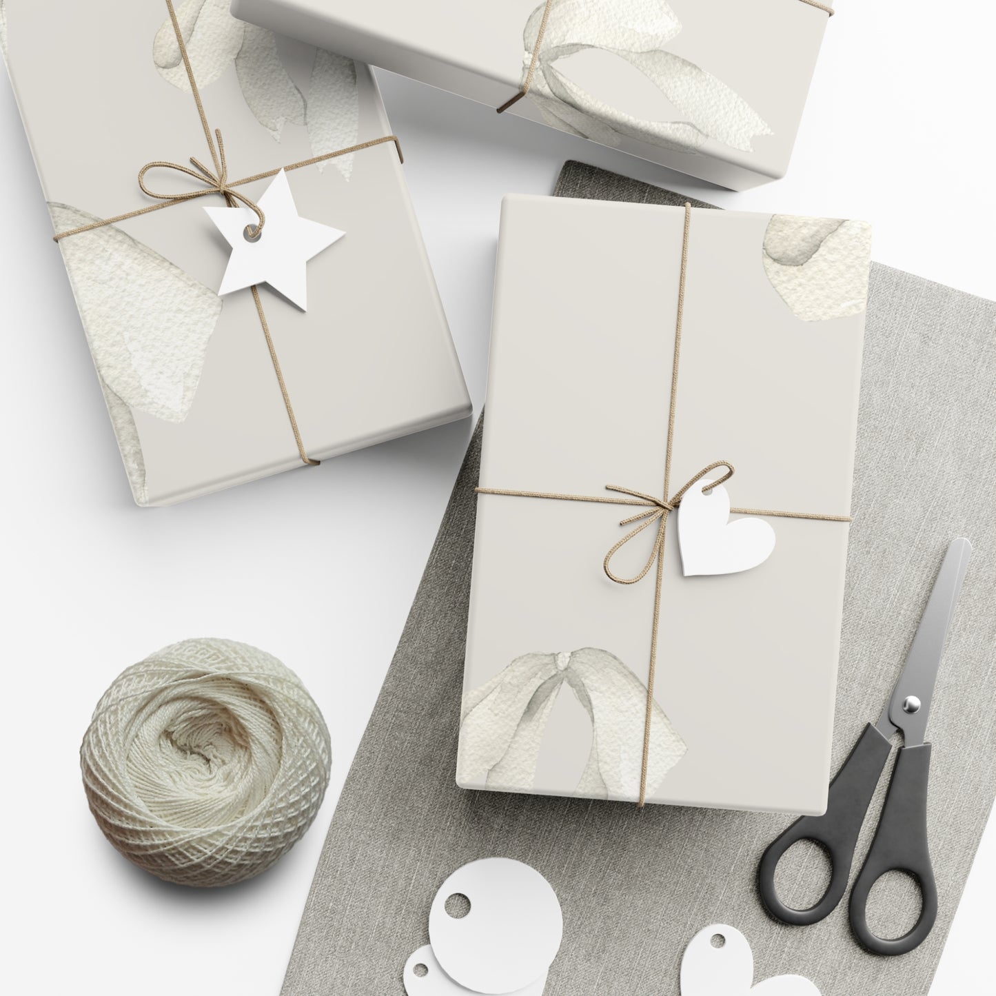 White Printed Bows on Bone Gift Wrapping Paper