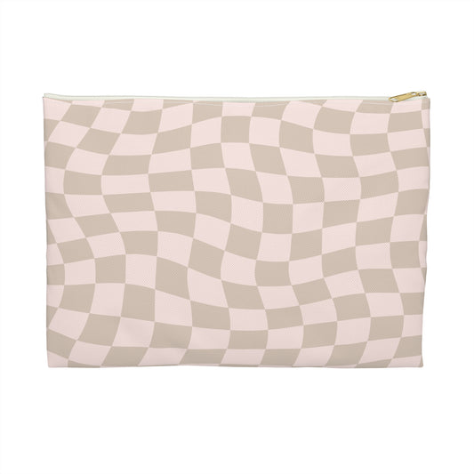 Tan and Light Pink Wavy Checkers Accessory Pouch