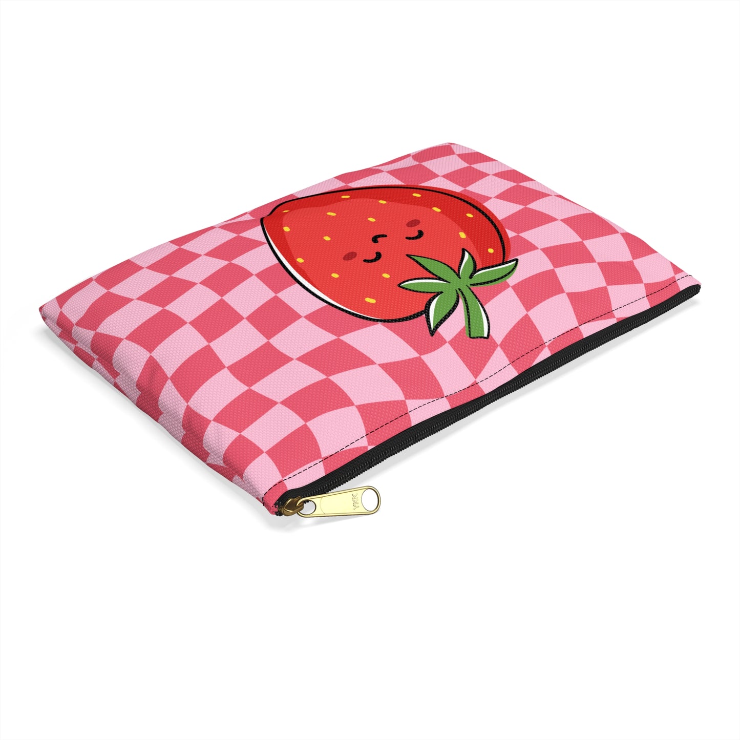 Animated Strawberry on Pink and Red Wavy Checkers Accessory Pouch