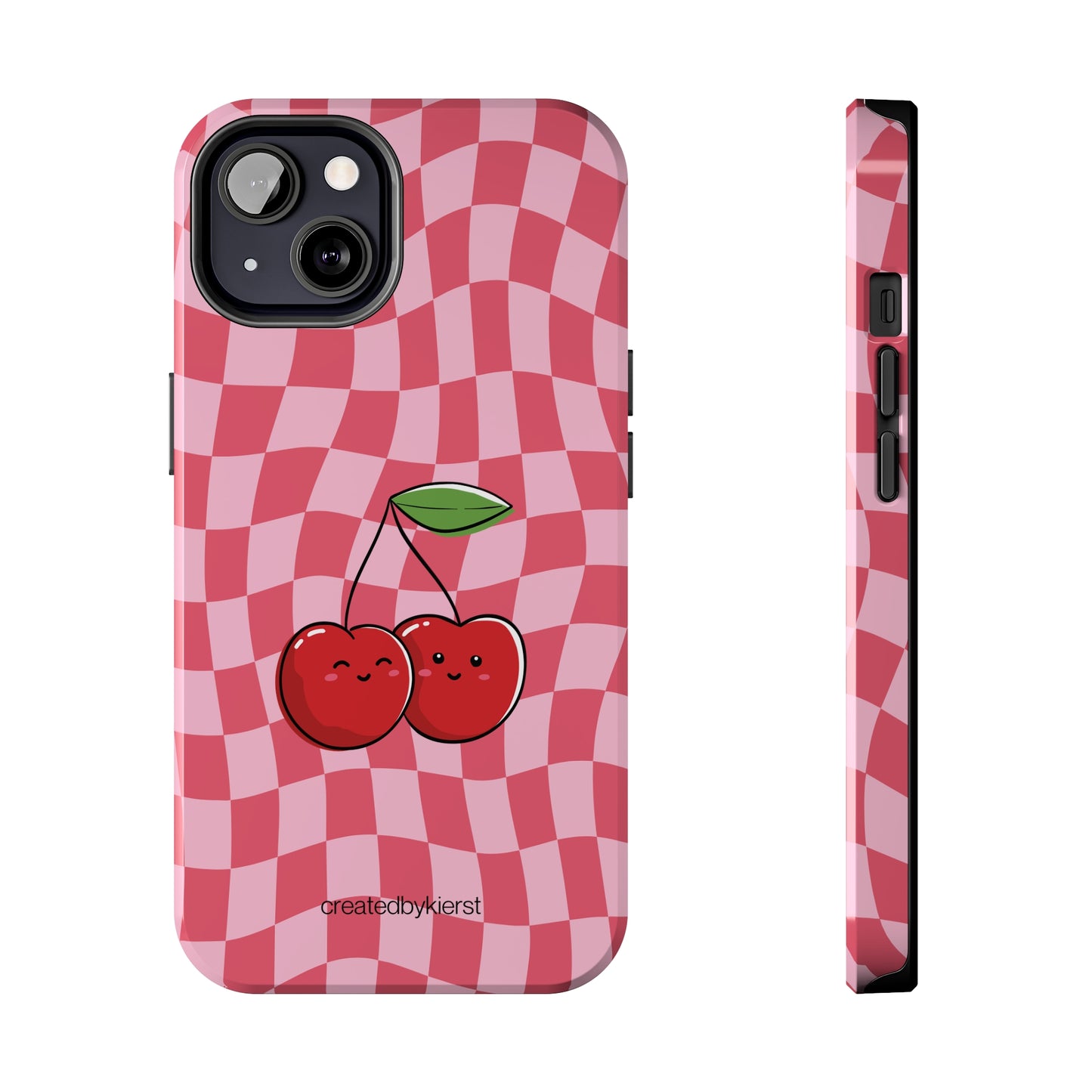 Animated Cherries and Pink Wavy Checkers iPhone Case