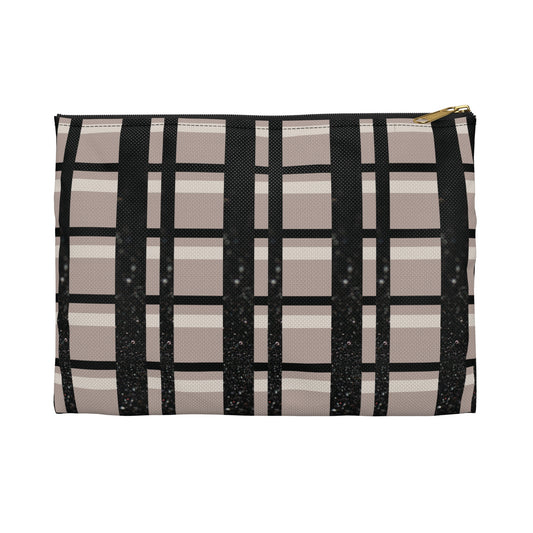 Taupe, Black, and Black Glitter Plaid Accessory Pouch