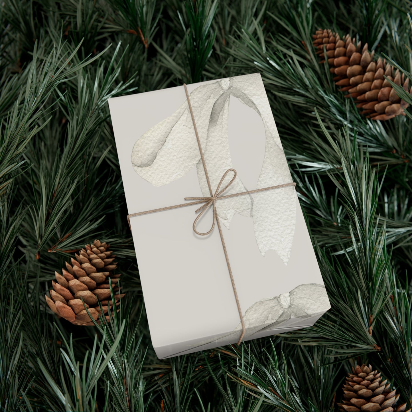 White Printed Bows on Bone Gift Wrapping Paper