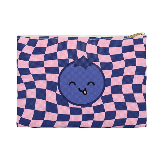 Animated Blueberry on Blue and Pink Wavy Checkers Accessory Pouch