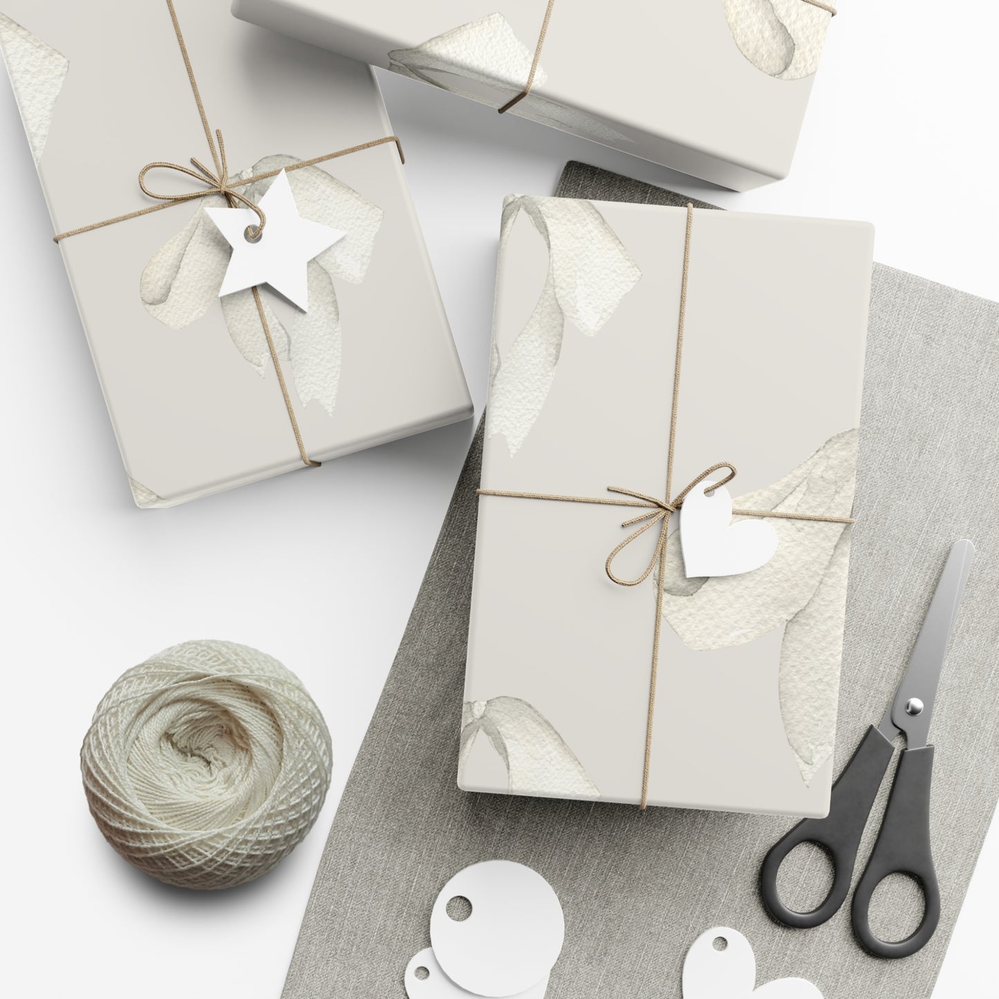 White Printed Bows on Bone Gift Wrapping Paper