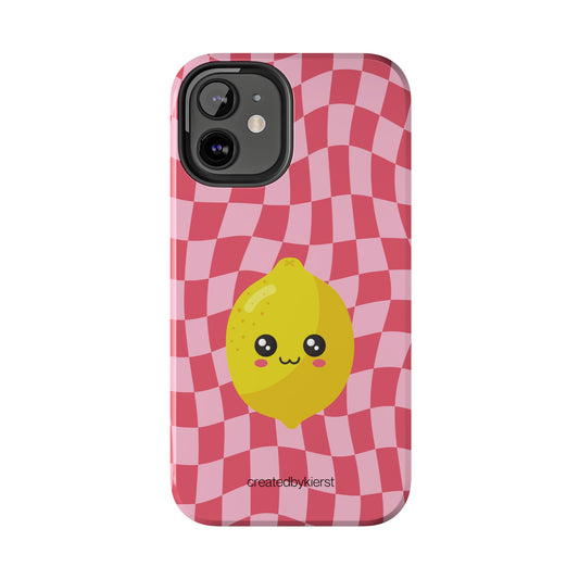 Animated Lemon on Red and Pink Wavy Checkers iPhone Case