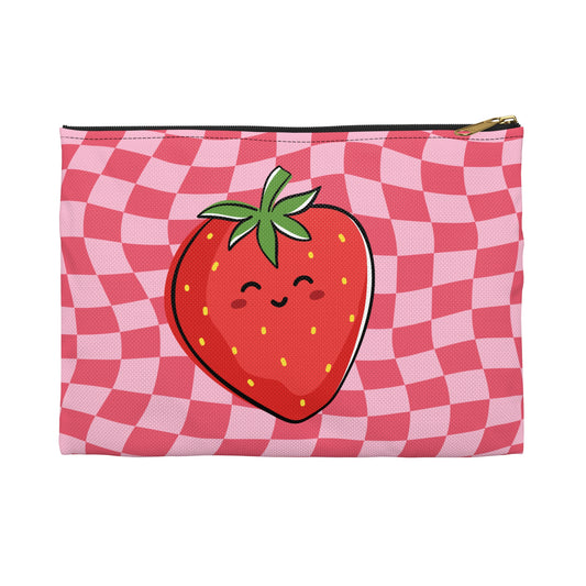 Animated Strawberry on Pink and Red Wavy Checkers Accessory Pouch