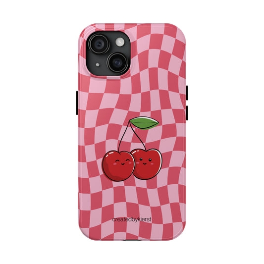 Animated Cherries and Pink Wavy Checkers iPhone Case