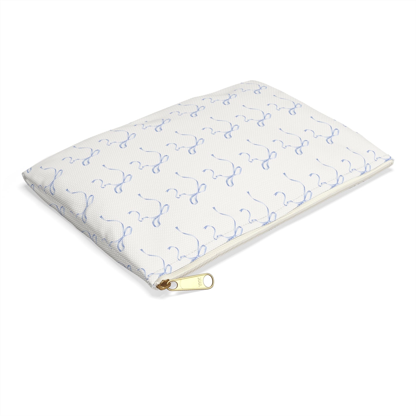 Multiple Thin Blue Bows on Beige Accessory Pouch