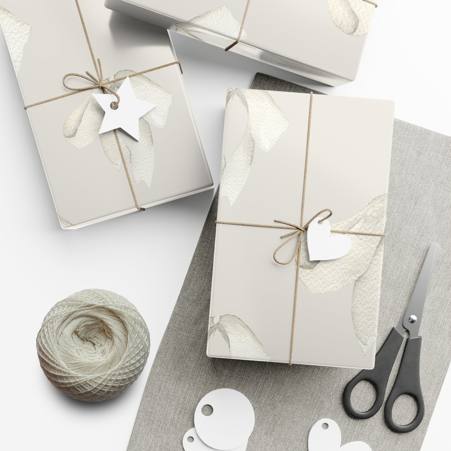 White Printed Bows on Bone Gift Wrapping Paper