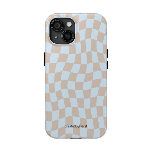 Tan and Light Blue Wavy Checkers iPhone Case